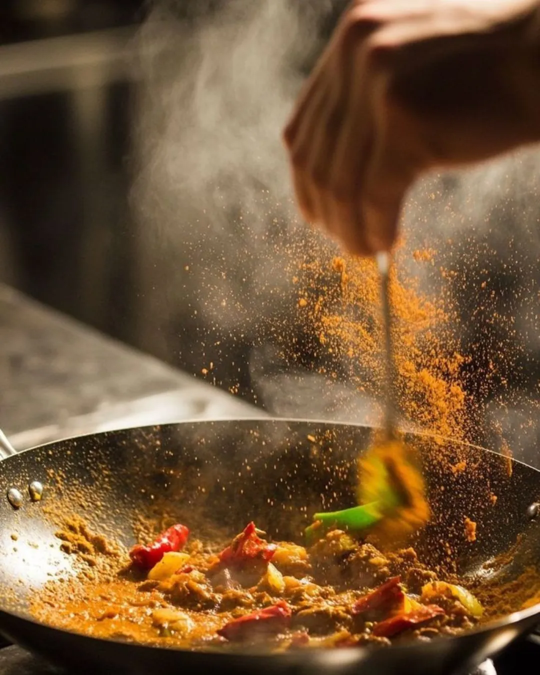 Spices tossed into a flaming wok
