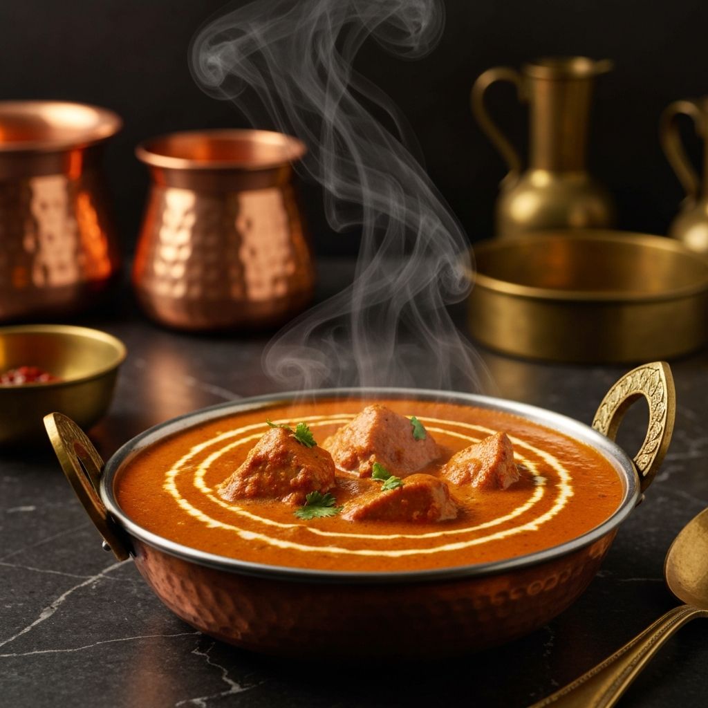 Chef's hands plating a beautifully prepared Indian dish on a dark marble surface